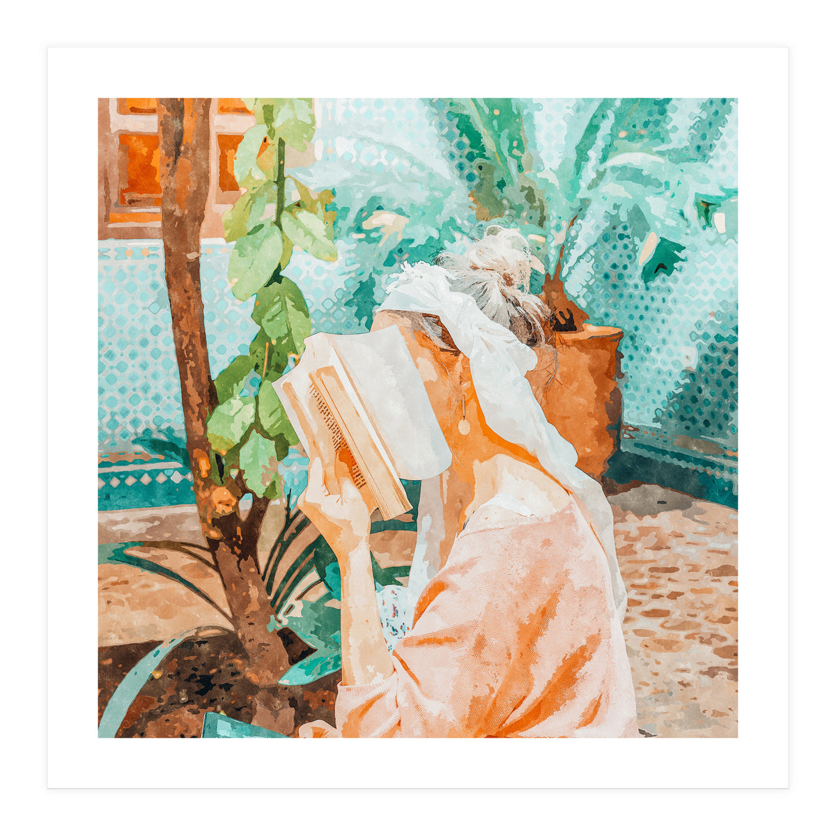 Turkish Reader | Morocco Travel Book Club | Modern Bohemian Woman Architecture | Watercolor Painting (Print Only)