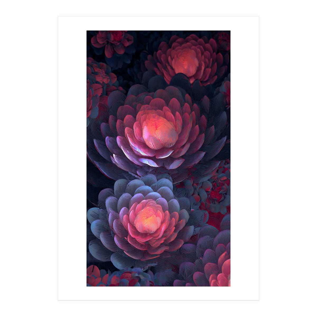 Ethereal Neon Blooms: Intricate 3D Floral Fractal Art (Print Only)
