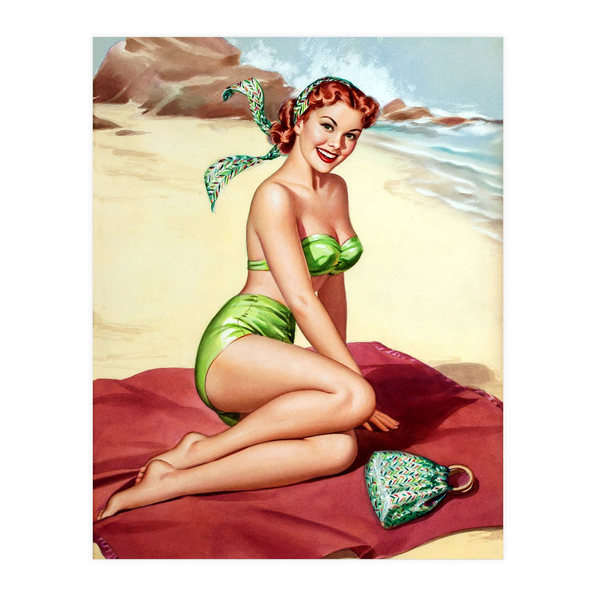 Smiling Pinup Sexy Girl On The Beach (Print Only)