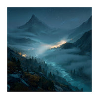 Moonlit Alpine Valley at Night with Shimmering River (Print Only)