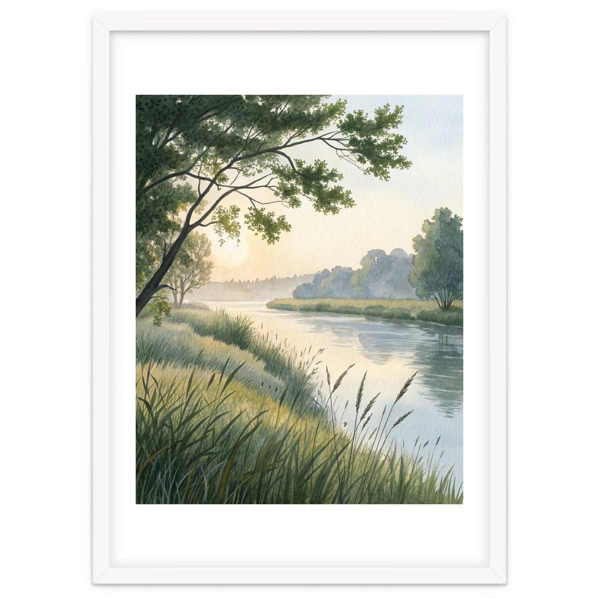Serene River Sunrise Watercolor Painting with Meadow Grasses and Warm Golden Atmosphere Landscape