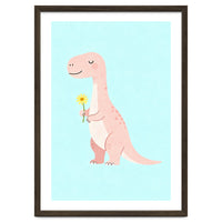 T-Rex Tyrannosaurus Dinosaur Art, Whimsical Dino with Flower, Gentle Nursery Print