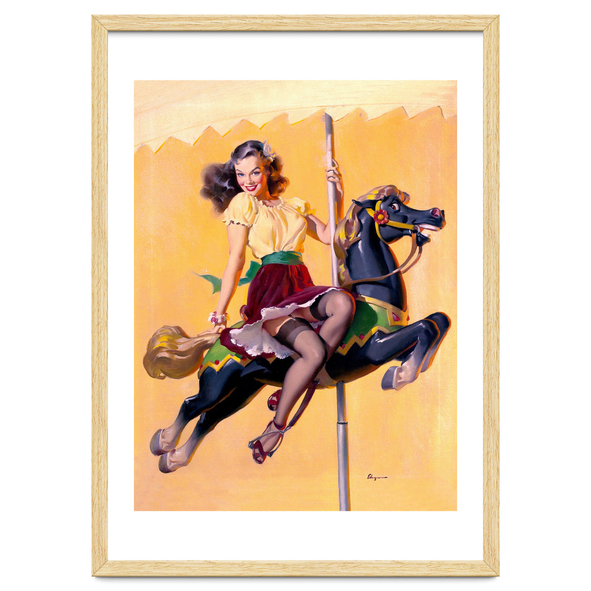 Pinup Sexy Girl Riding A Wooden Horse
