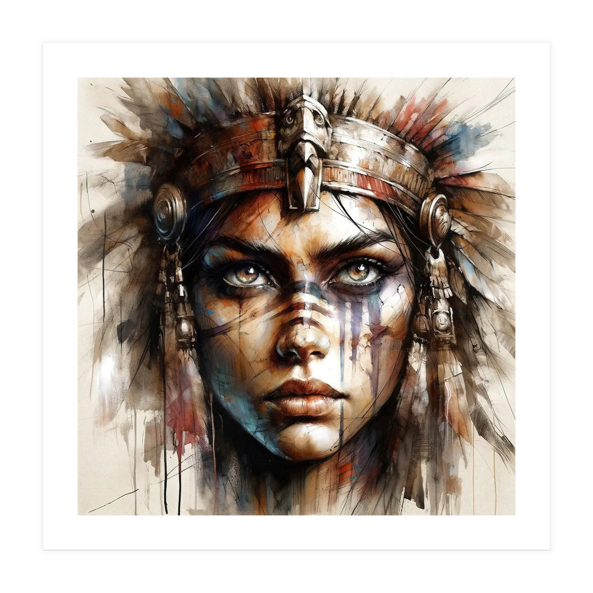 Regal Warrior Woman Watercolor Portrait (Print Only)