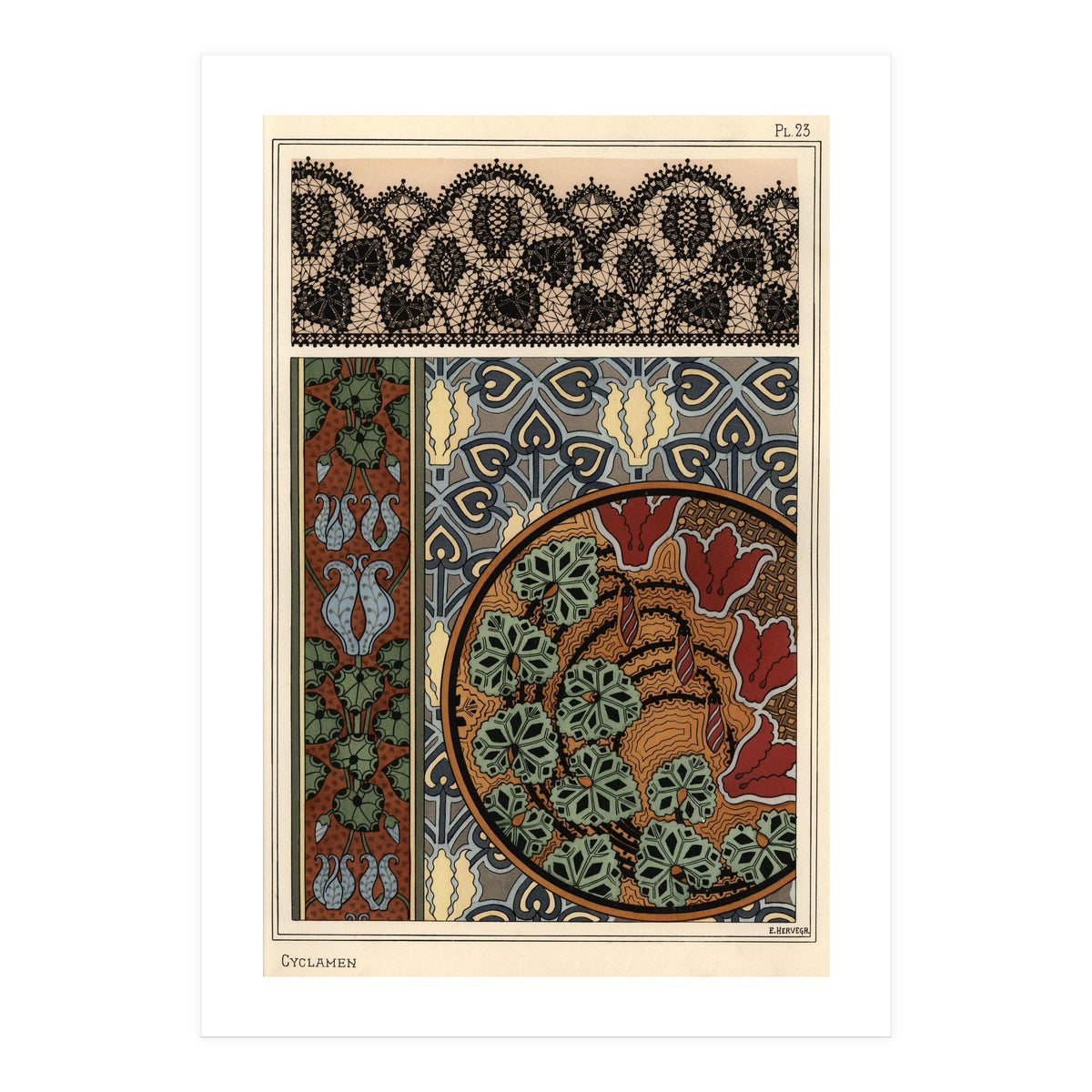 Cyclamen persicum motif in patterns for lace, wallpaper and fabric. (Print Only)