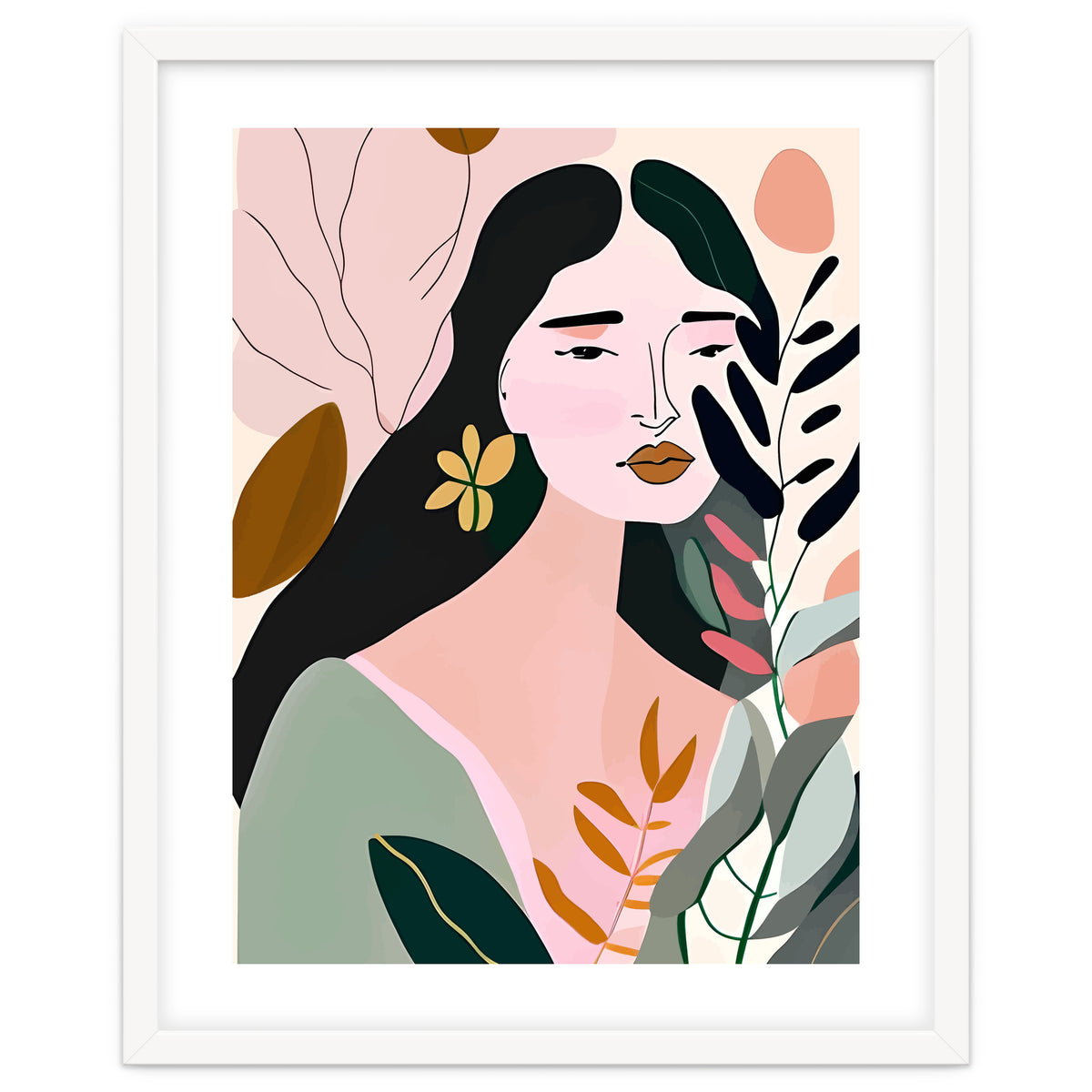 Reinvent, Beautiful Woman Girl Pastel Line Art, Minimal Botanical Nature Portrait, Modern Bohemian Drawing Nomadic Summer Self Love