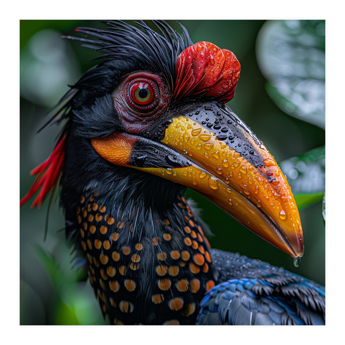 Close Up Of Helmeted Hornbill Bird In Rain (Print Only)