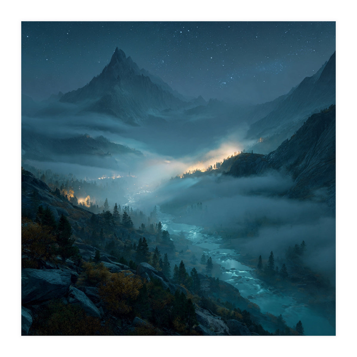 Moonlit Alpine Valley at Night with Shimmering River (Print Only)
