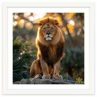 Majestic Lion Sitting On A Rock At Sunset