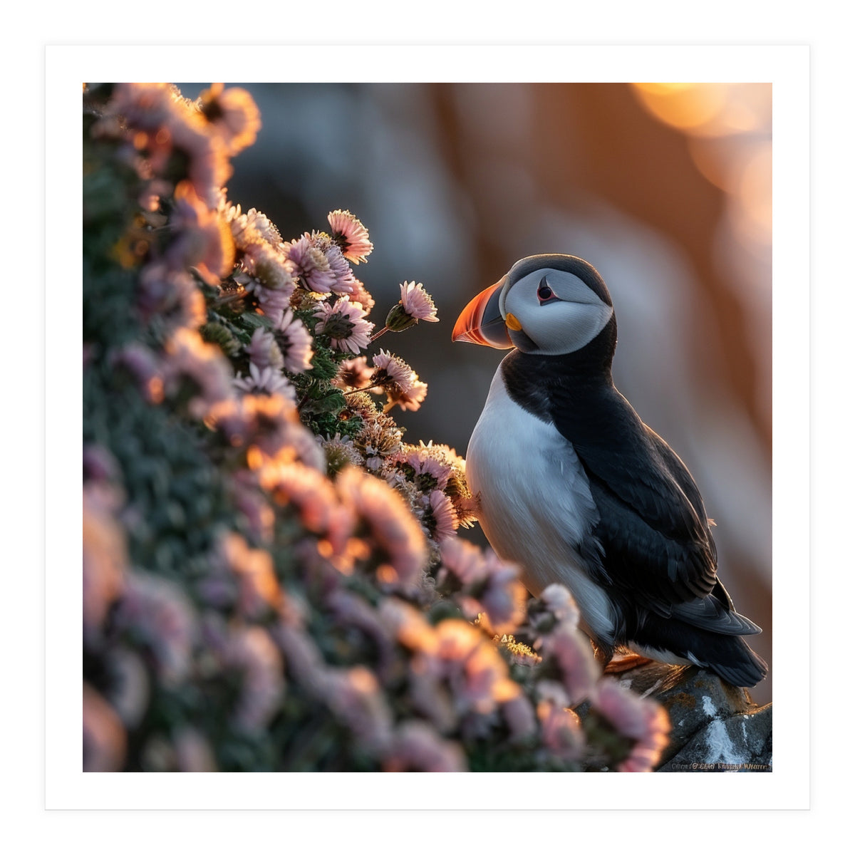Puffin Bird On Rocks Near Pink Flowers At Sunset (Print Only)
