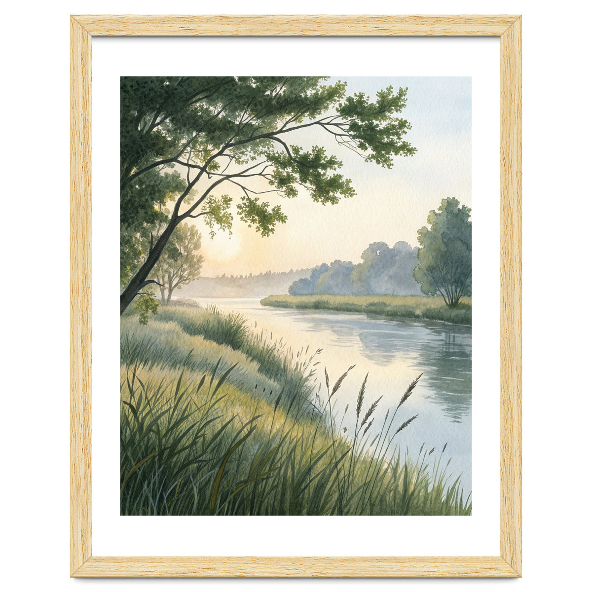 Serene River Sunrise Watercolor Painting with Meadow Grasses and Warm Golden Atmosphere Landscape