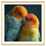 Lovebirds Couple Nuzzling With Orange And Yellow Feathers thumbnail
