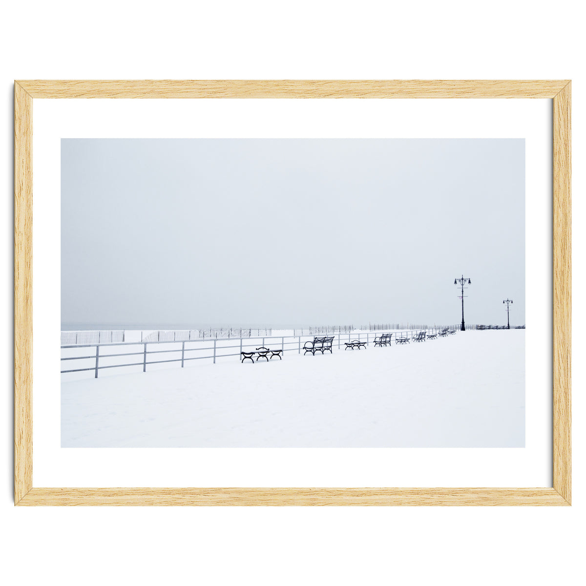 Benches along the pier on snow beach