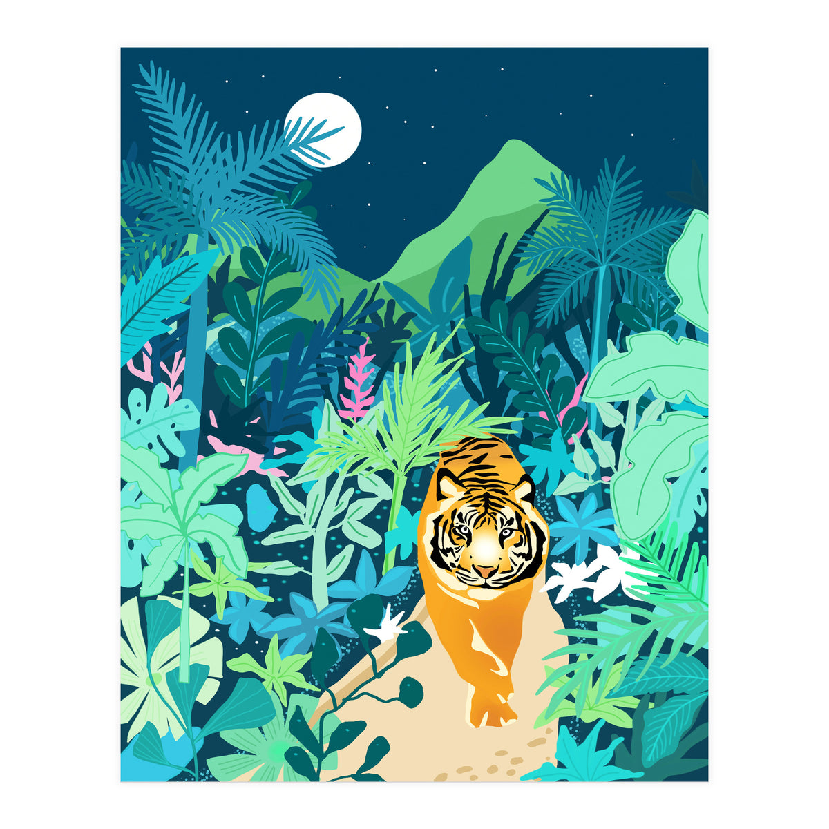 Tiger Walk, Bohemian Jungle Maximalist Nature, Botanical Forest Plants Moon Wild Animals (Print Only)