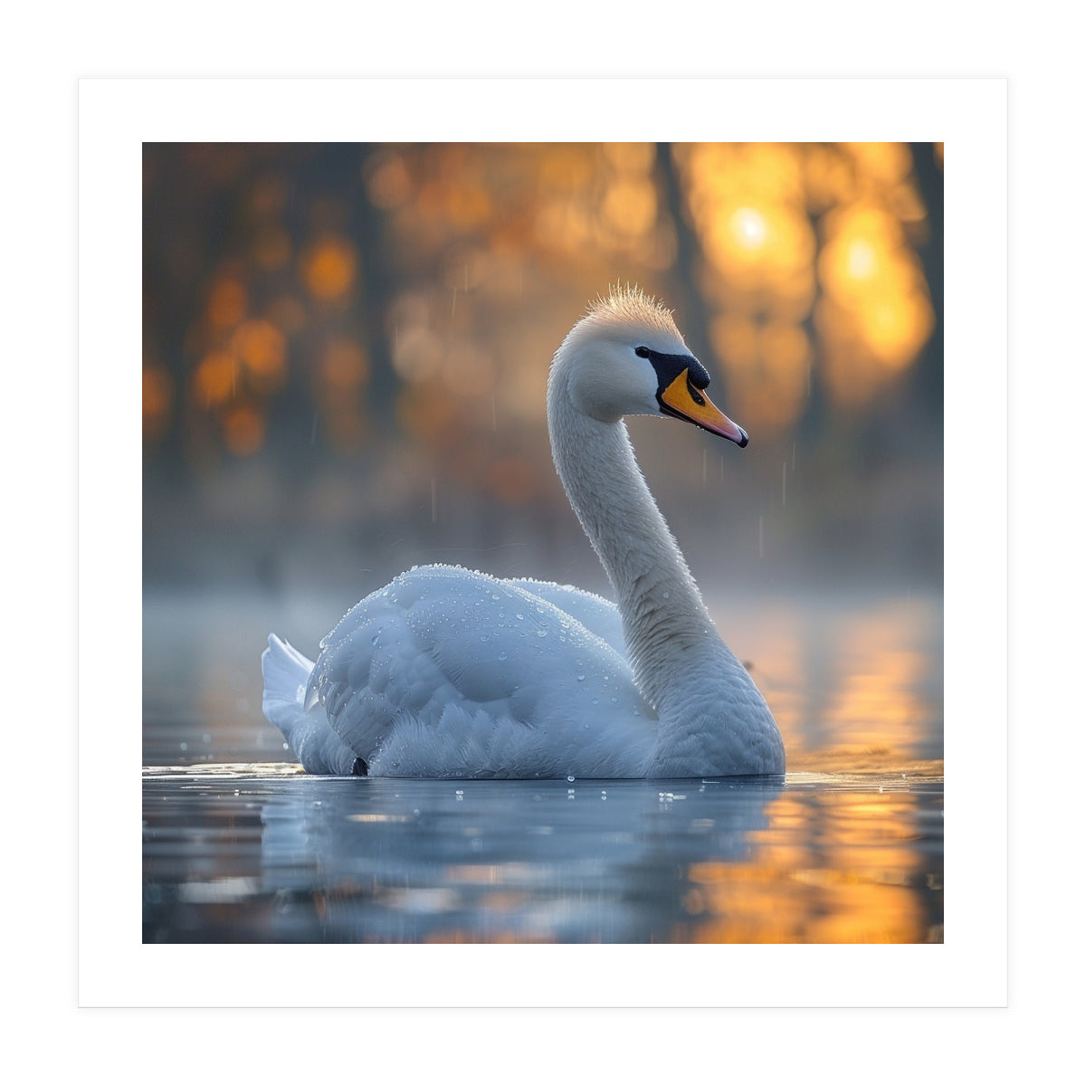 Beautiful Swan Floating On Water At Sunset (Print Only)
