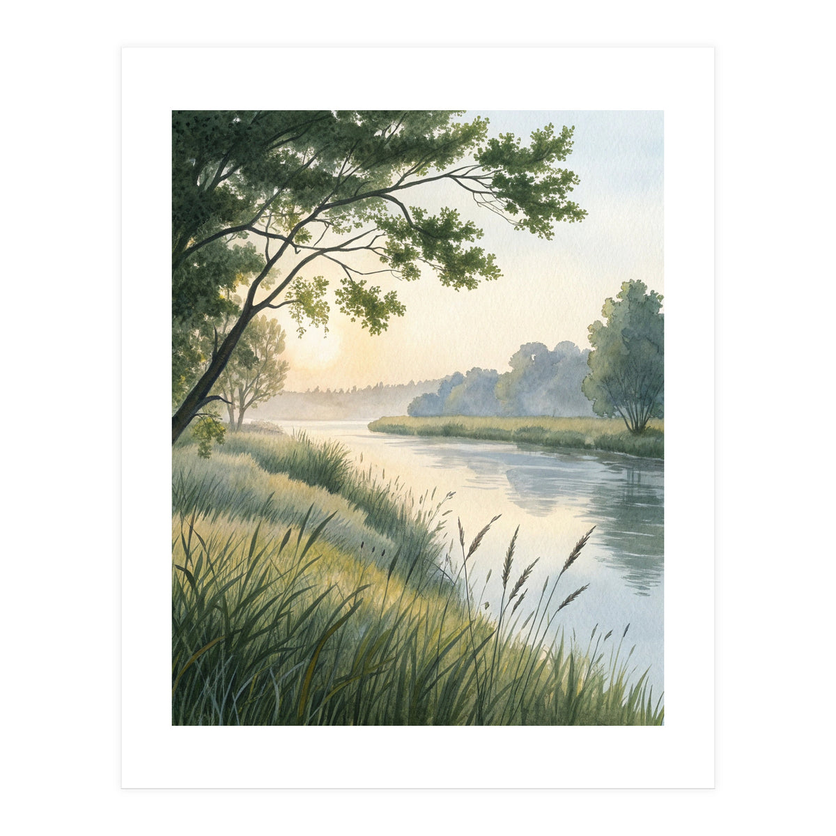 Serene River Sunrise Watercolor Painting with Meadow Grasses and Warm Golden Atmosphere Landscape (Print Only)