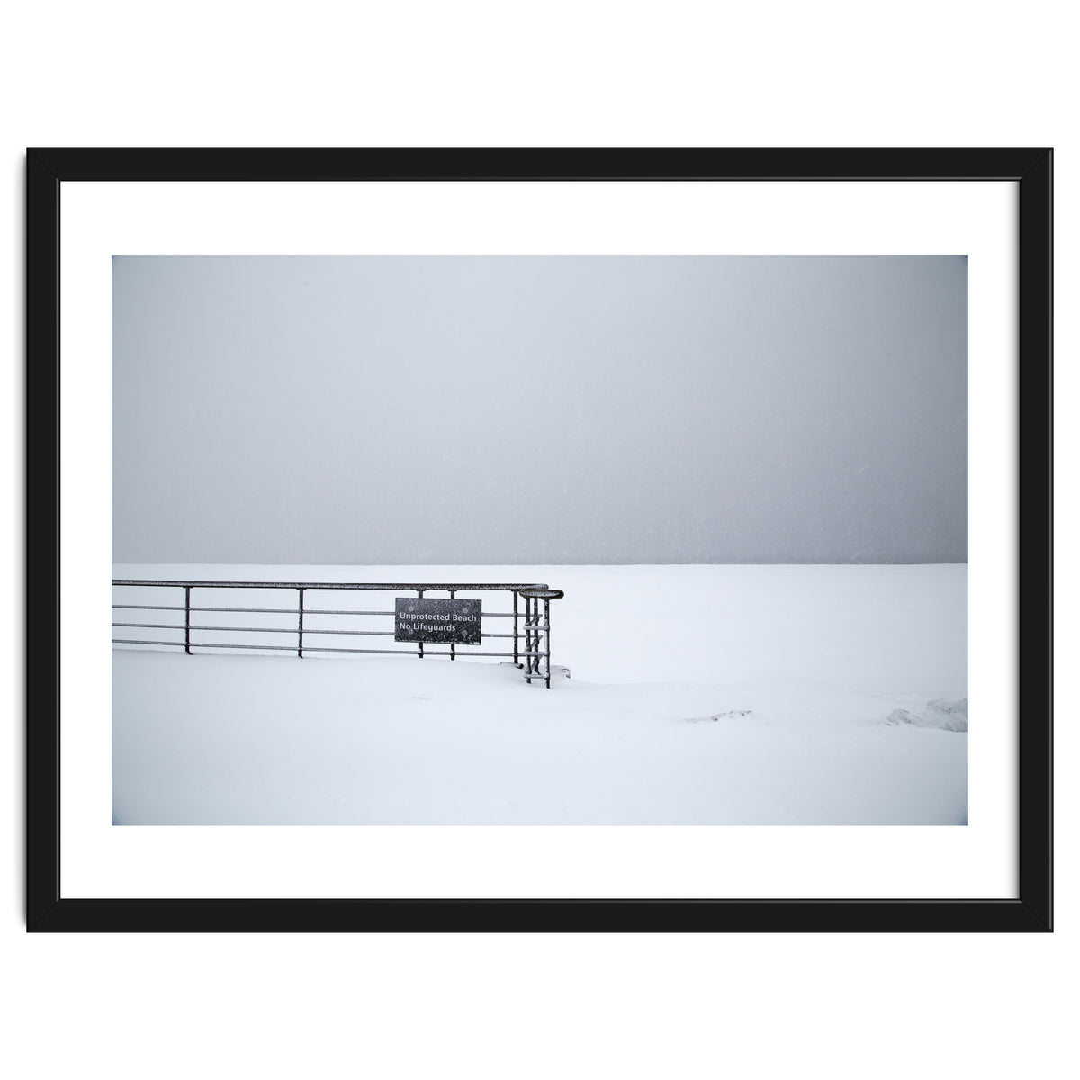 No lifeguards on the sign board in the winter snow beach
