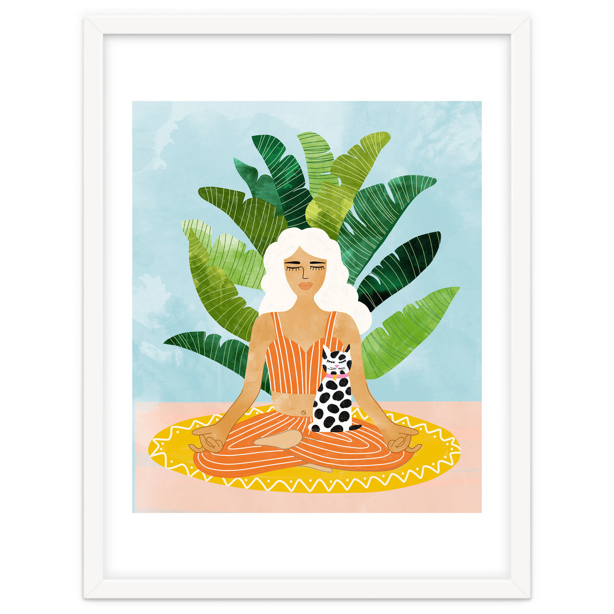 Meditation With Thy Cat Poster | Blonde Woman of Color | Tropical Banana Leaves Quirky Pet Workou