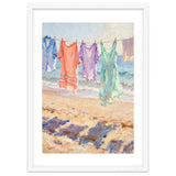 Laundry Drying by the Sea, Colorful Clothes on a Beach Clothesline, Coastal Summer Pastel Painting, Relaxing Ocean Shore Art Print thumbnail