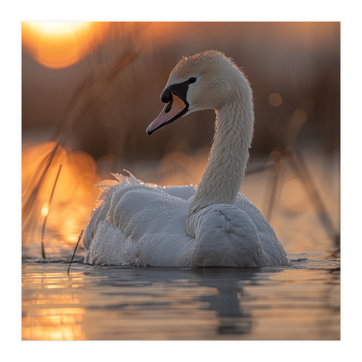 Majestic Swan Swimming At Sunrise Serene Water (Print Only)