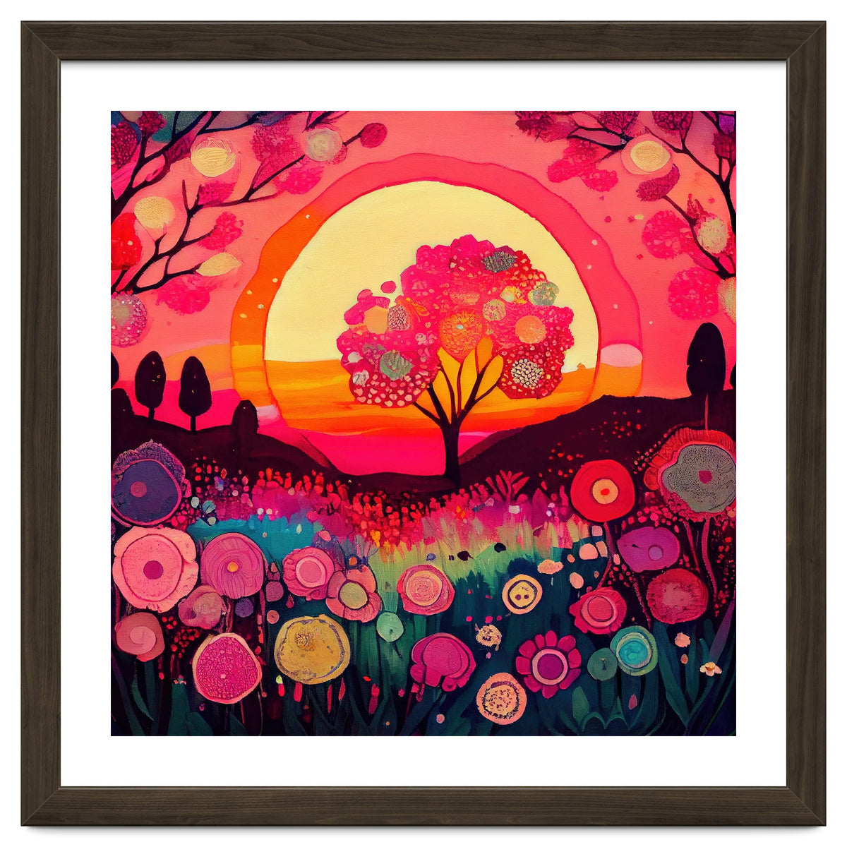 Folk Sunset Blossoming Tree