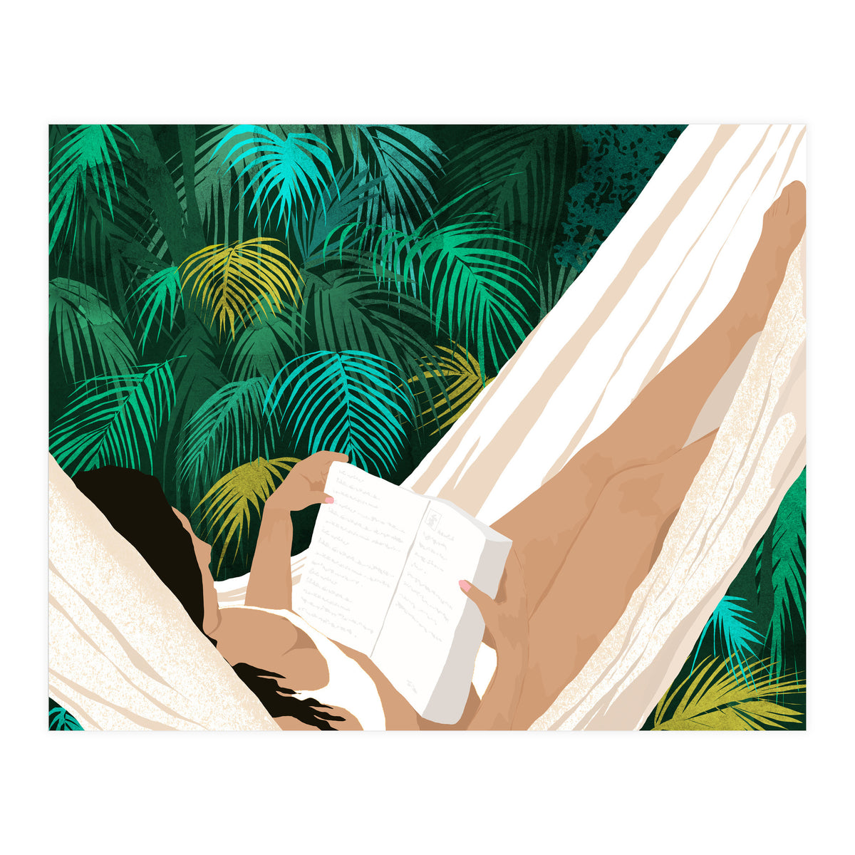 Summer Hammock Reading, Tropical Jungle Travel, Watercolor Nature Bohemian Forest Plants, Palm Beach (Print Only)