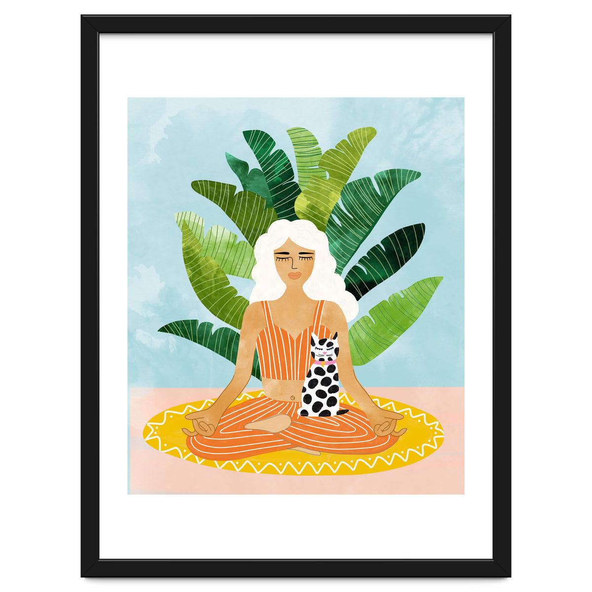 Meditation With Thy Cat Poster | Blonde Woman of Color | Tropical Banana Leaves Quirky Pet Workou
