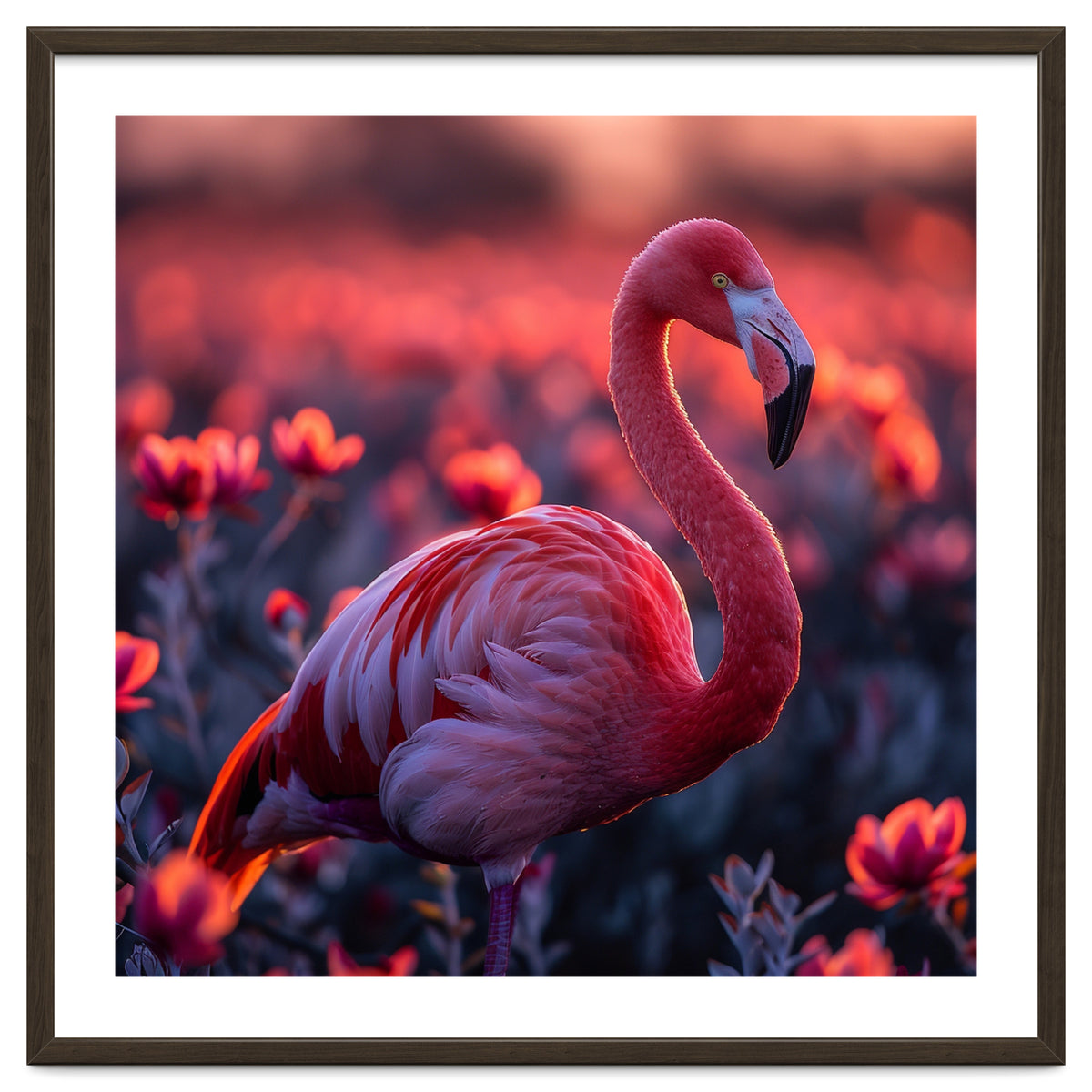 Pink Flamingo Bird Standing Among Flowers At Sunset
