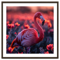 Pink Flamingo Bird Standing Among Flowers At Sunset