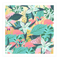 Flamingo Tropical, Colorful Modern Bohemian Eclectic Jungle Graphic Design, Blush Forest Gold Floral (Print Only)