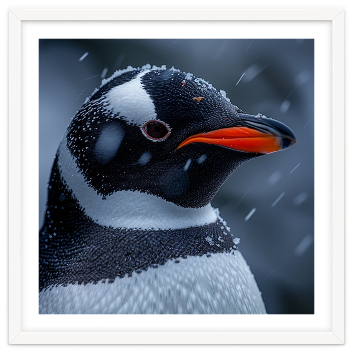 Close Up Penguin Portrait In Snowy Weather