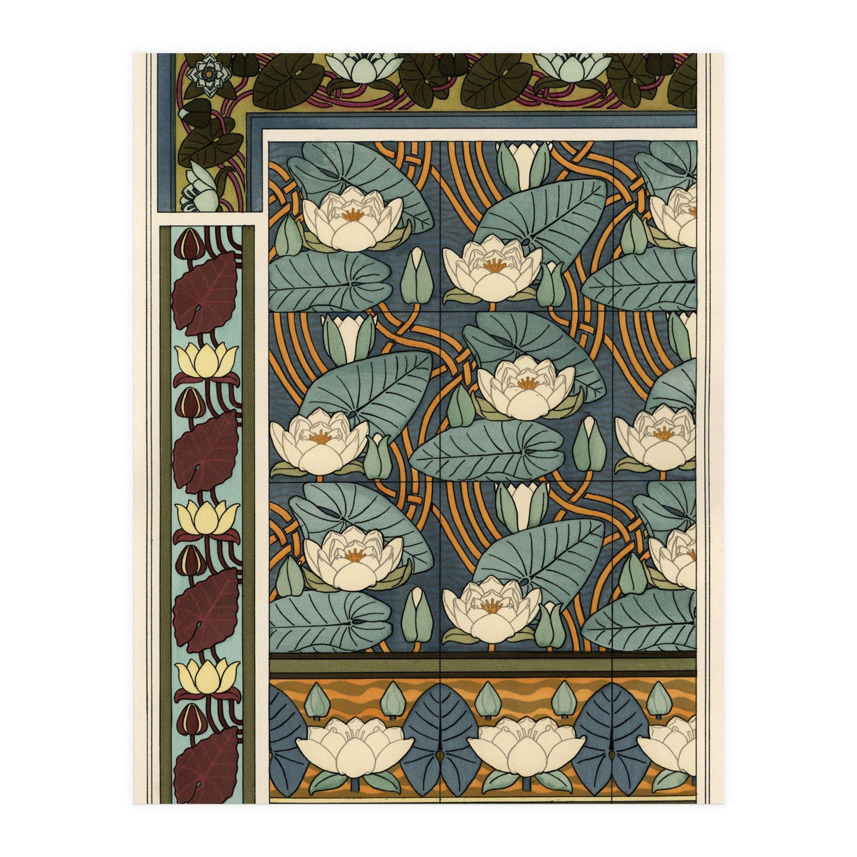The water lily, Nelumbo lutea, in wallpaper and tile patterns. Lithograph by Verneuil. (Print Only)