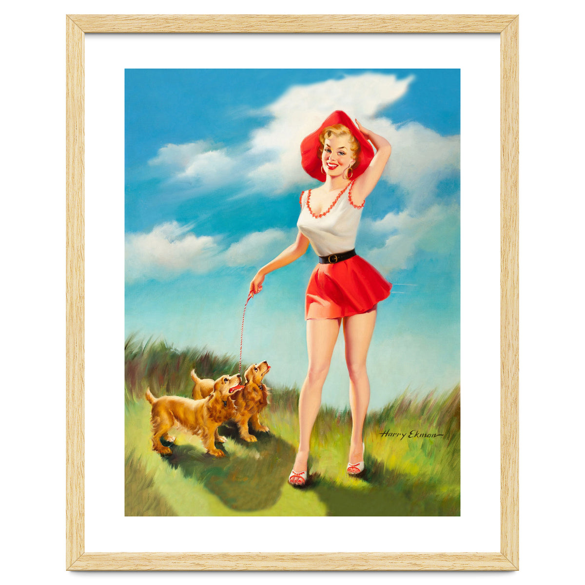 Pinup Girl In Little Red Dress And Two Dogs