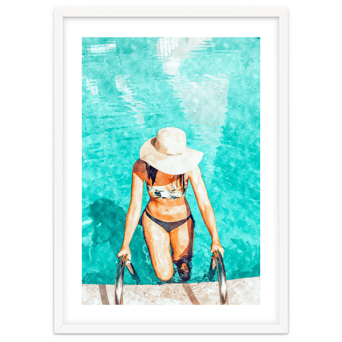 Pool Fashion | Modern Bohemian Woman Swim Watercolor Painting | Contemporary Travel