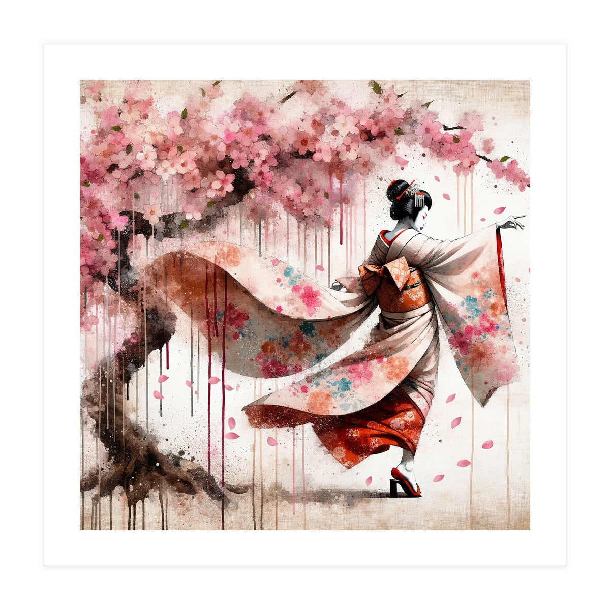 Geisha Under Cherry Blossoms In Motion (Print Only)