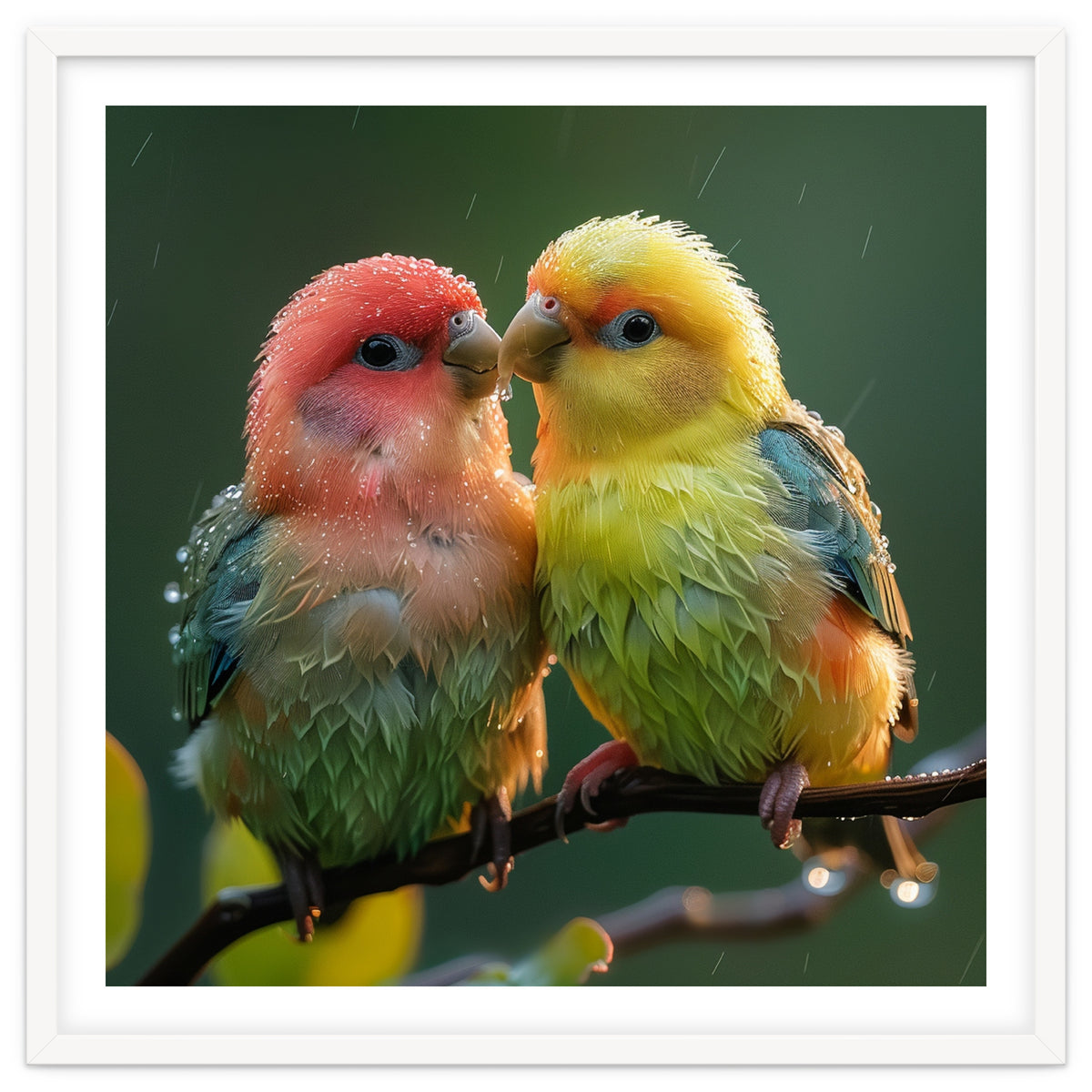 Two Lovebirds Perched On A Branch In Rain