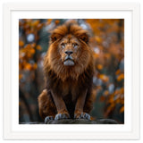 Majestic Lion Sitting On A Rock In Autumn Forest thumbnail