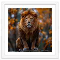 Majestic Lion Sitting On A Rock In Autumn Forest