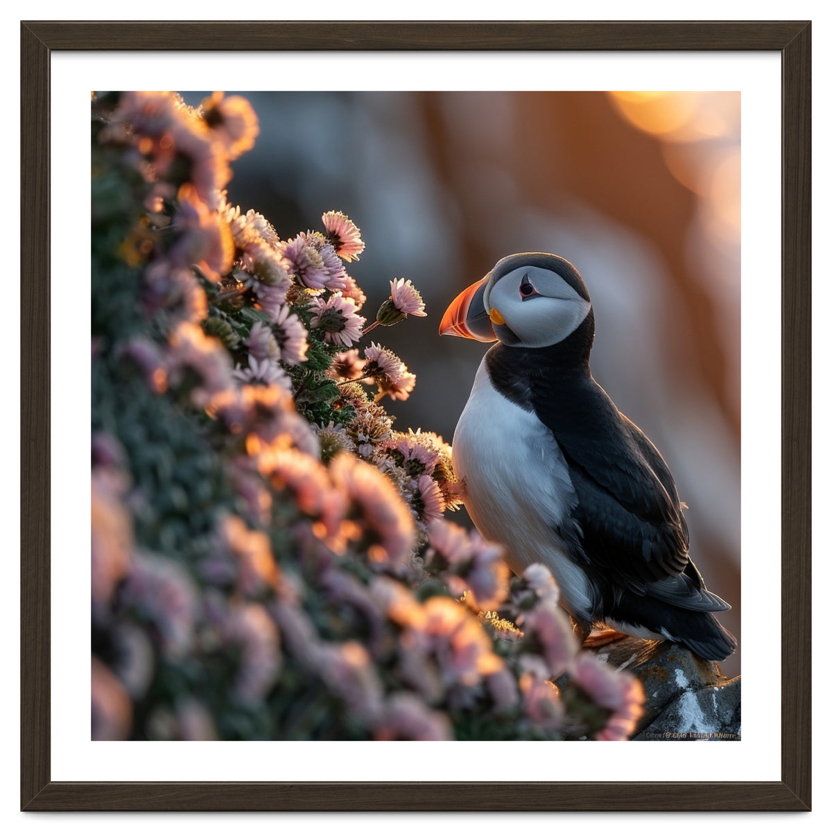 Puffin Bird On Rocks Near Pink Flowers At Sunset