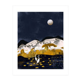 Midnight Lake, Stork Wildlife Animals Abstract Painting, Nature Landscape Travel Adventure Full Moon Night, Eclectic Gold Birds Magical Bohemian (Print Only) thumbnail