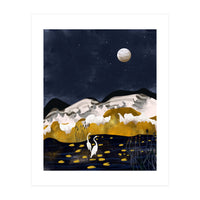 Midnight Lake, Stork Wildlife Animals Abstract Painting, Nature Landscape Travel Adventure Full Moon Night, Eclectic Gold Birds Magical Bohemian (Print Only)