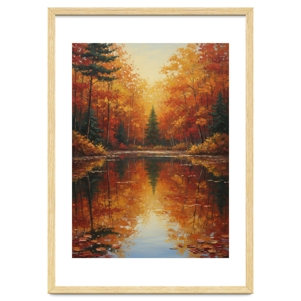 Golden Autumn Reflection: Impasto Forest Landscape