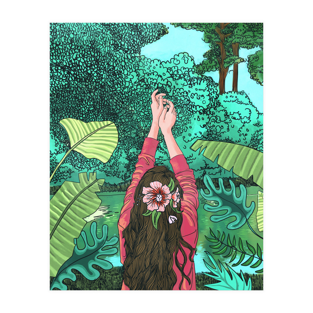 Comic Book Jungle | Tropical Banana Leaves Travel | Line Art Forest Botanical Illustration (Print Only)