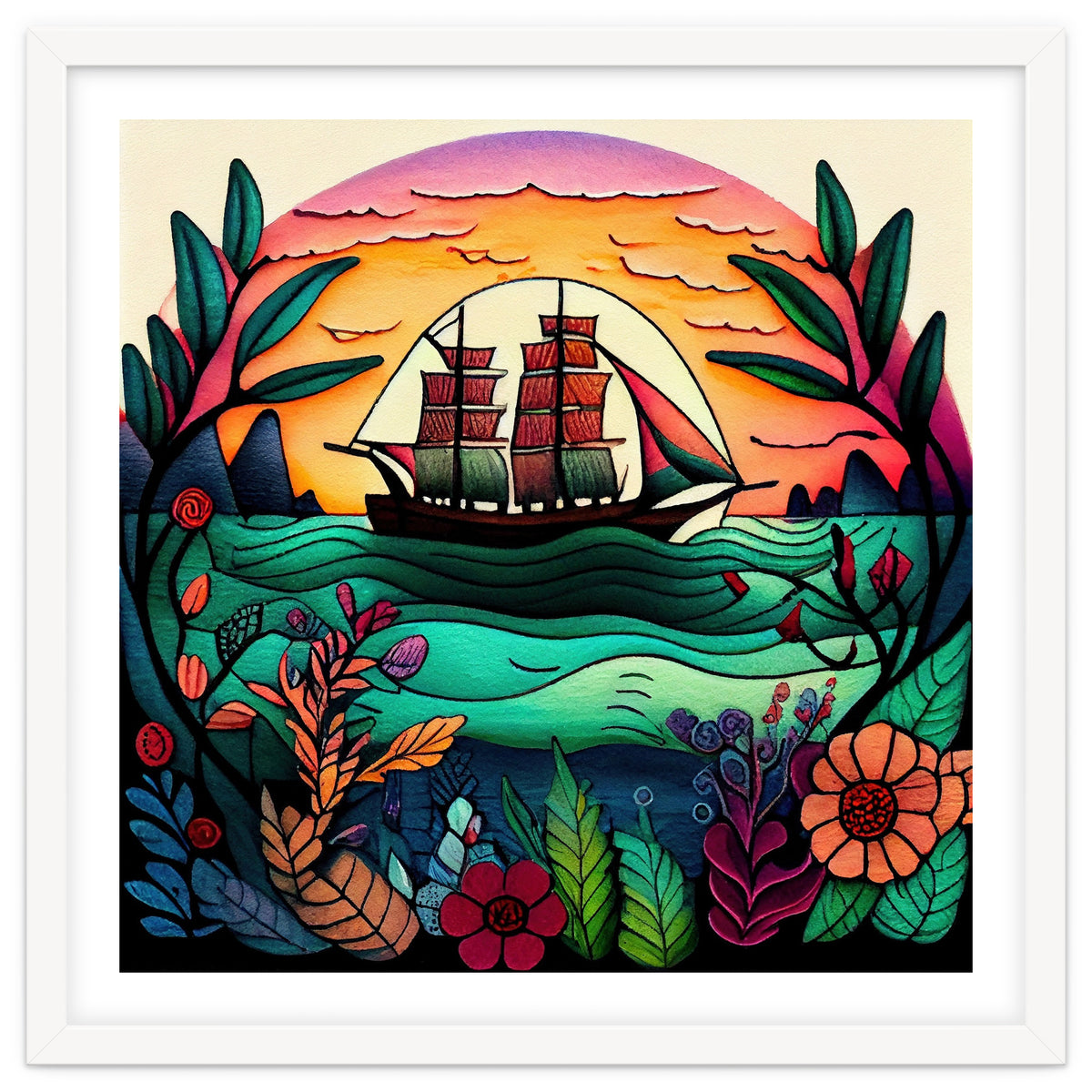 Folk Sunset Sailing Ship