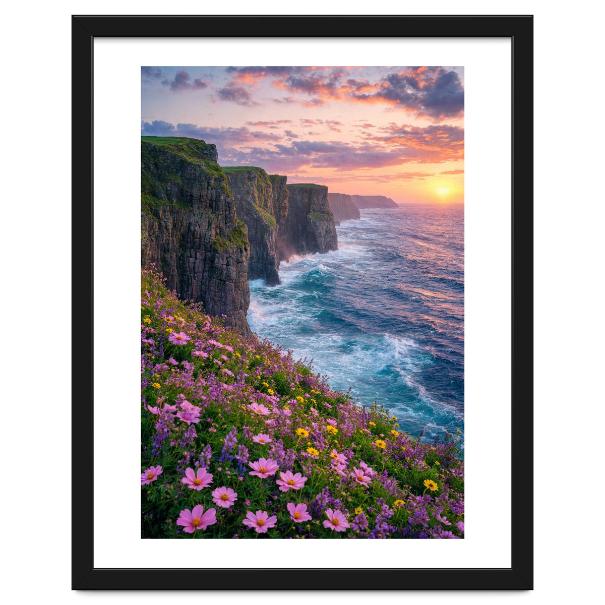Coastal Sunset Wildflowers: Dramatic Ocean Cliffs and Floral Meadow