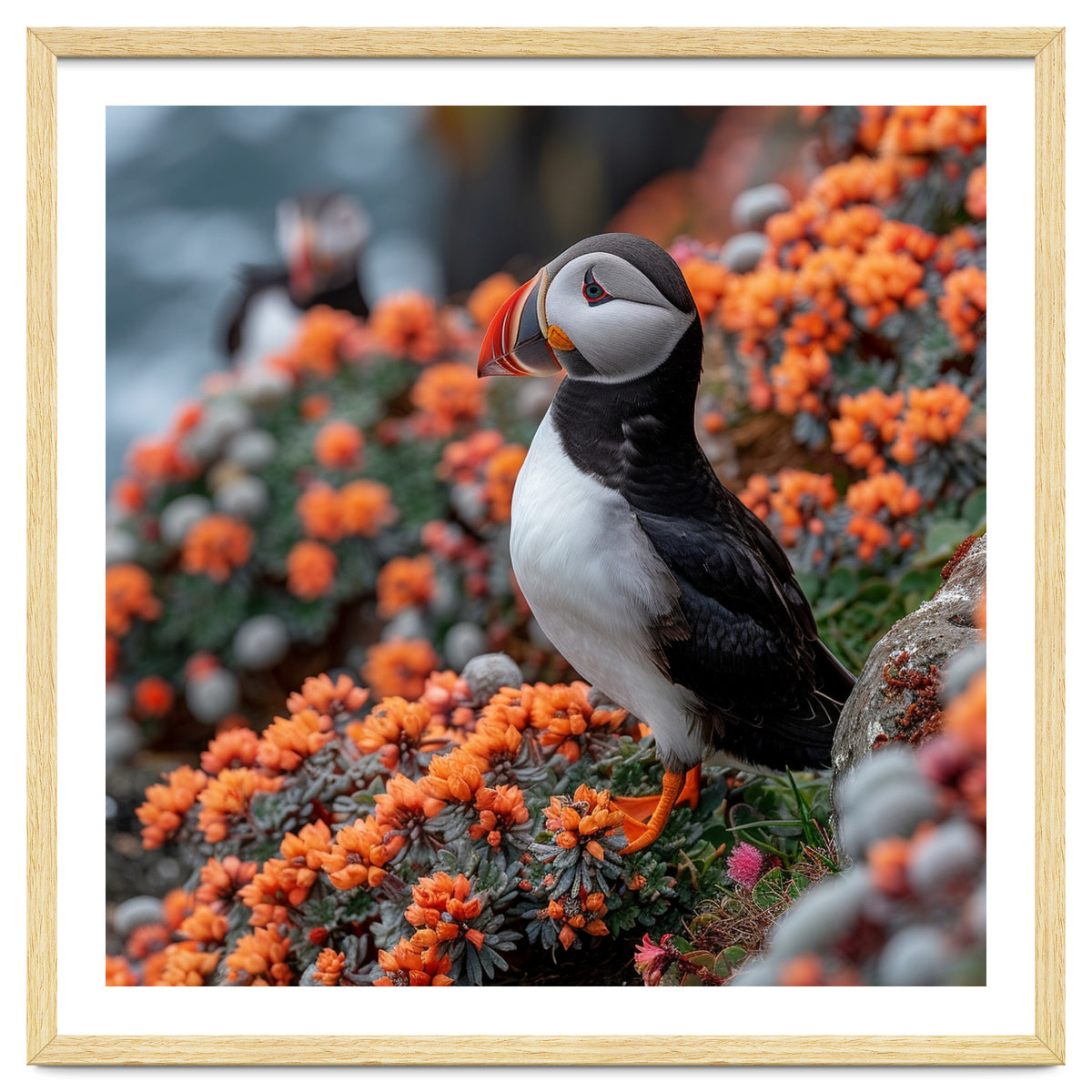 Atlantic Puffin Bird Perched On Orange Flowers
