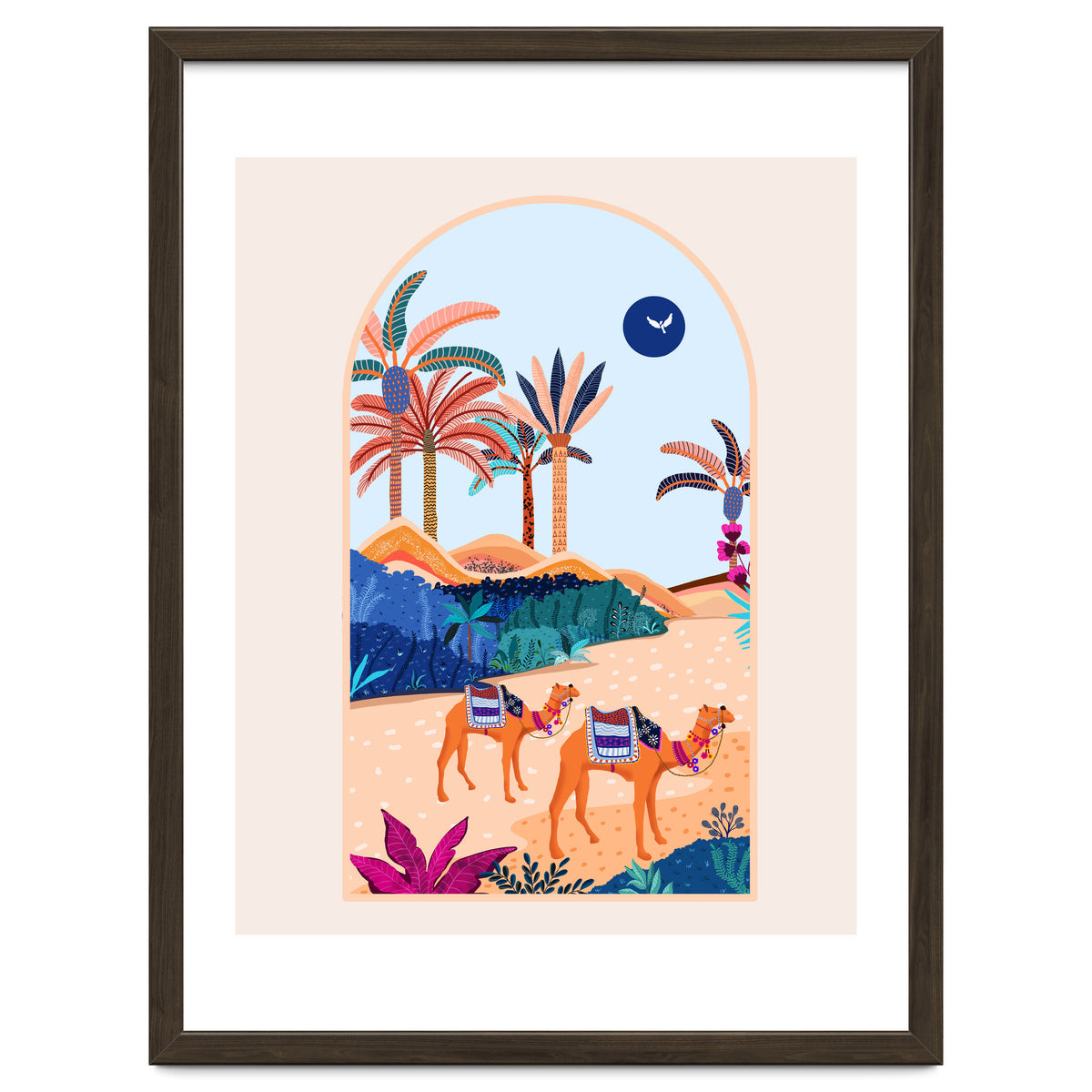 The Arabian Desert, Nature Landscape Travel Illustration, Camels Eclectic Sand Dunes Dubai Palm, Sahara Middle East Hot Summer Animals Bohemian