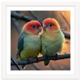 Two Lovebirds Perched On A Branch At Sunset thumbnail