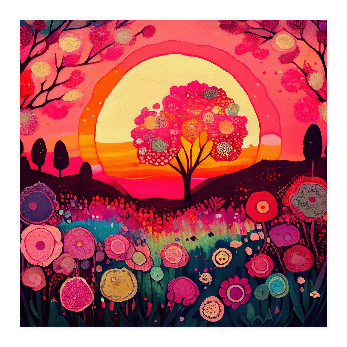 Folk Sunset Blossoming Tree (Print Only)