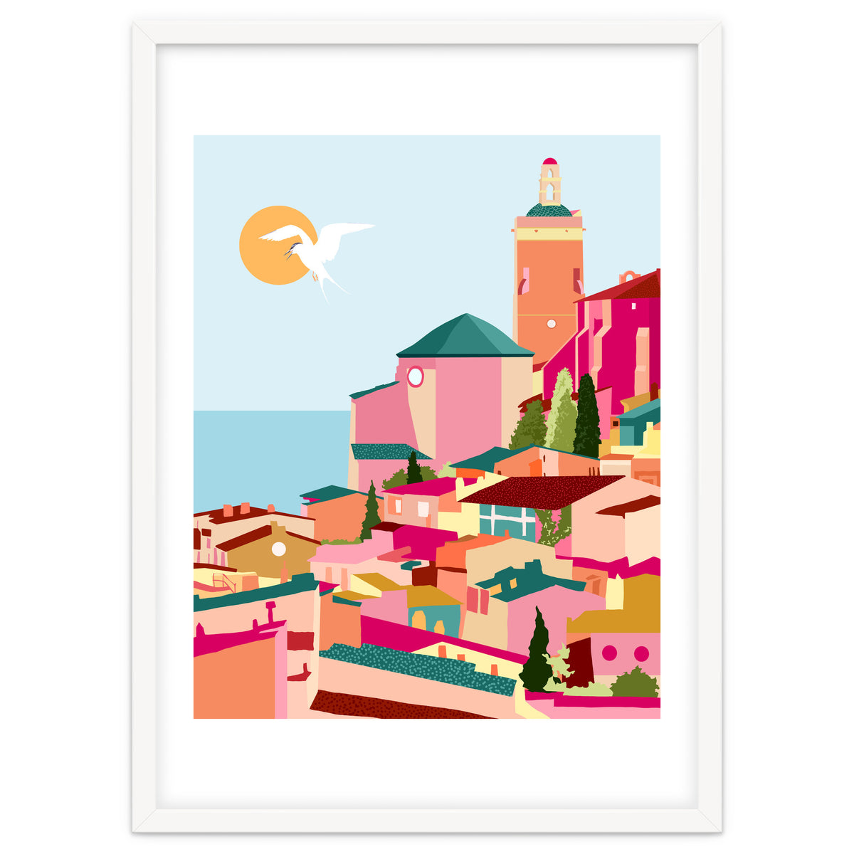 Crimson Rouge, Colorful Architecture Buildings, Greece Cityscape Skyline, Seagull Travel Summer Eclectic Bohemian Pop Of Color Positivity